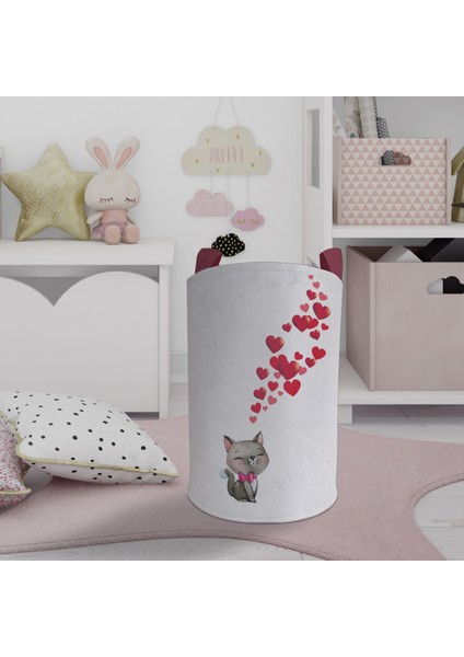 Bebek ve Çocuk Odası Kedi ve Kalp Desenli Oyuncak Sepeti
