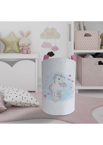 Bebek ve Çocuk Odası Kalpli Unicorn Desenli Oyuncak Sepeti