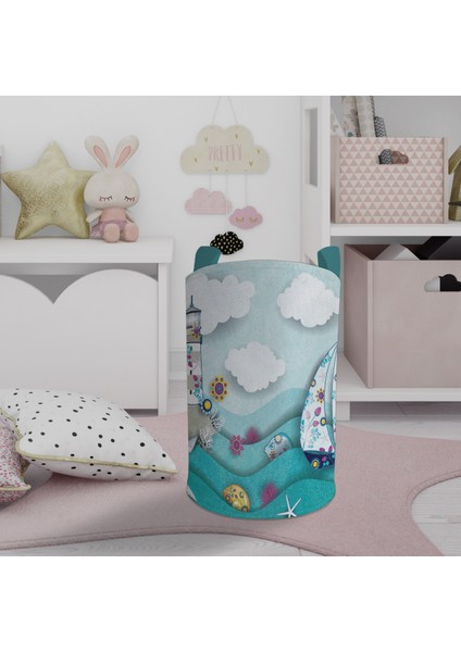 Bebek ve Çocuk Odası Deniz Feneri ve Yelken Desenli Oyuncak Sepeti