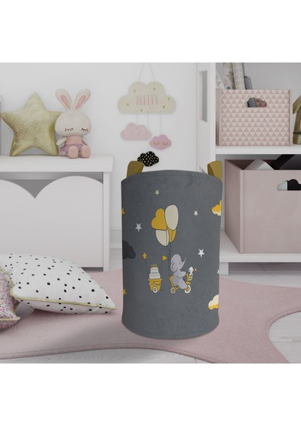 Bebek ve Çocuk Odası Sarı Bulutlu ve Bisikletli Fil Desenli Oyuncak Sepeti