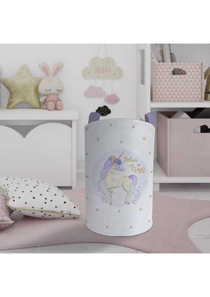 Bebek ve Çocuk Odası Yıldızlı Mavi Unicorn Desenli Oyuncak Sepeti