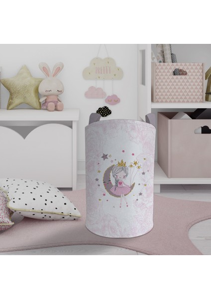 Bebek ve Çocuk Odası Ay Üzerinde Oturan Kız Desenli Motifli Oyuncak Sepeti