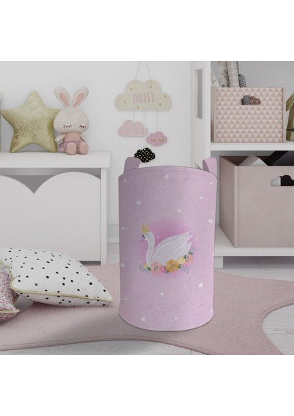 Bebek ve Çocuk Odası Pembe Kuğu Desenli Oyuncak Sepeti