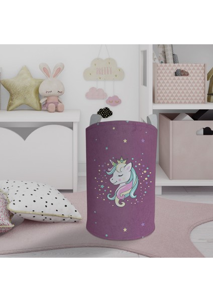 Bebek ve Çocuk Odası Renkli Unicorn Desenli Mor Oyuncak Sepeti