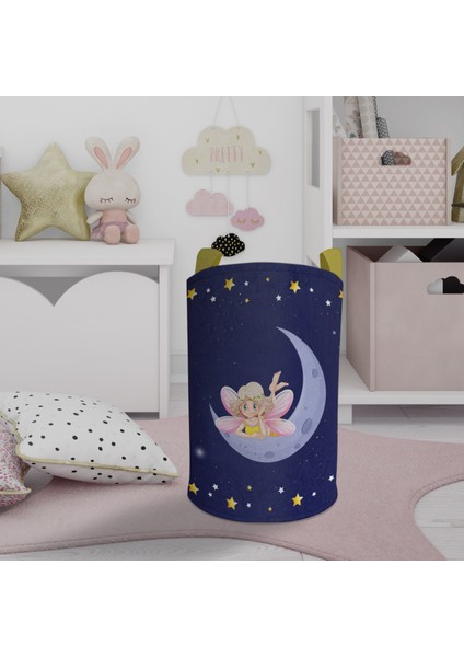Bebek ve Çocuk Odası Ay Üzerinde Uçan Peri Kız Desenli Oyuncak Sepeti