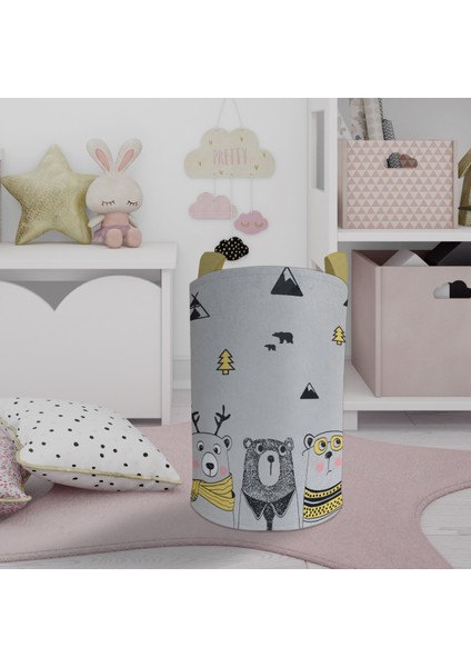 Bebek ve Çocuk Odası Sevimli 3'lü Ayı ve Yol Desenli Gri Oyuncak Sepeti