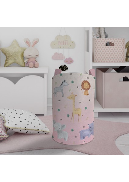 Bebek ve Çocuk Odası Safari Desenli Pembe Oyuncak Sepeti