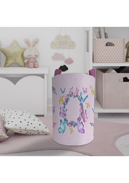 Bebek ve Çocuk Odası Seksek ve Kelebek Desenli Pembe Oyuncak Sepeti