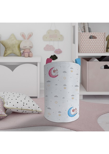 Bebek ve Çocuk Odası Renkli Ay ve Tavşan Desenli Oyuncak Sepeti