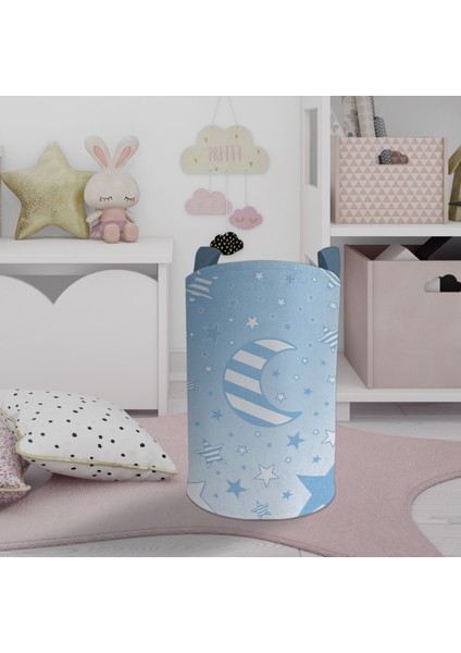 Bebek ve Çocuk Odası Ay ve Yıldız Desenli Mavi Oyuncak Sepeti