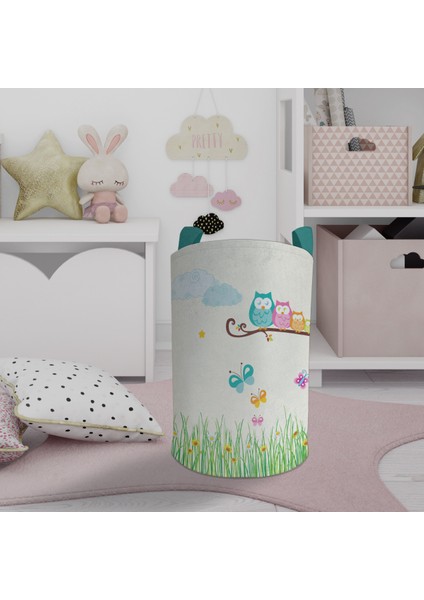 Bebek ve Çocuk Odası Küçük Baykuşlar ve Çimen Desenli Oyuncak Sepeti