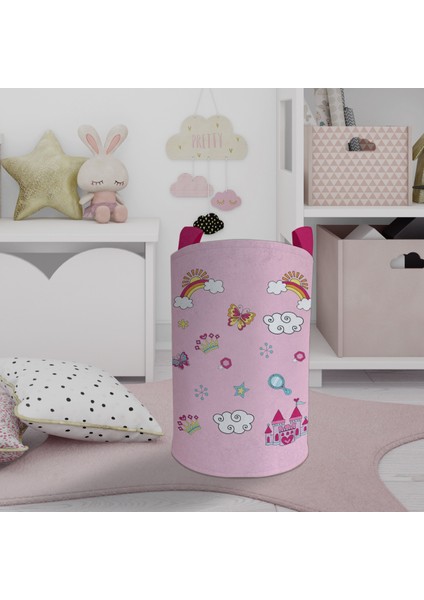 Bebek ve Çocuk Odası Gökkuşağı ve Bulut Desenli Pembe Oyuncak Sepeti