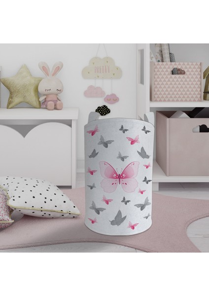 Bebek ve Çocuk Odası Pembe Kelebek Desenli Oyuncak Sepeti