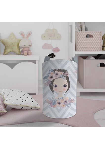 Bebek ve Çocuk Odası Çiçekli Prenses Kız Desenli Zikzaklı Oyuncak Sepeti