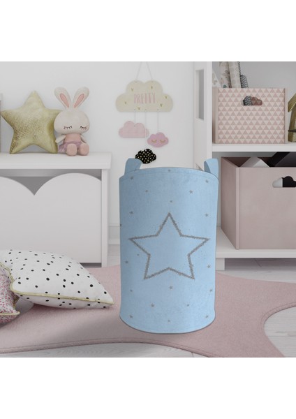 Bebek ve Çocuk Odası Büyük Gri Yıldız Desenli Mavi Oyuncak Sepeti