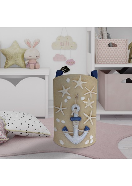 Bebek ve Çocuk Odası Kahverengi Çapa Desenli Oyuncak Sepeti