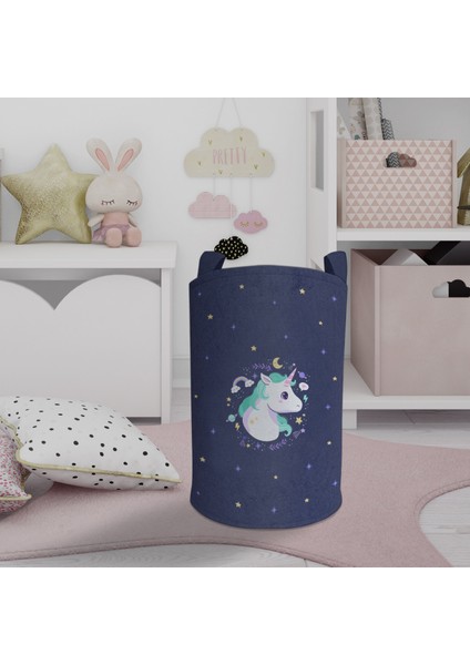 Bebek ve Çocuk Odası Lacivert Unicorn Desenli Oyuncak Sepeti