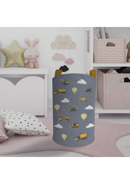 Bebek ve Çocuk Odası Iş Makinası ve Seksek Desenli Gri Oyuncak Sepeti