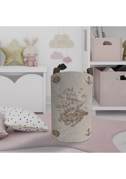 Bebek ve Çocuk Odası Korsan Gemi ve Dümen Desenli Oyuncak Sepeti