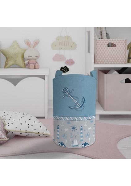 Bebek ve Çocuk Odası Mavi Denizci Desenli Oyuncak Sepeti