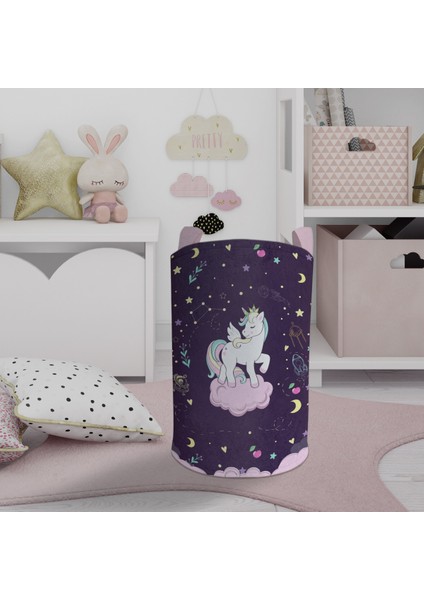 Bebek ve Çocuk Odası Pembe Bulut Üzerinde Unicorn Desenli Mor Oyuncak Sepeti