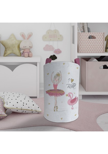 Bebek ve Çocuk Odası Pembe Balerin ve Kuğu Desenli Oyuncak Sepeti