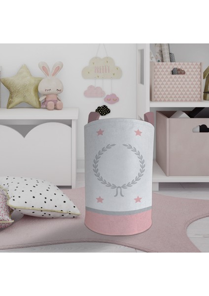 Bebek ve Çocuk Odası Çelenk ve Yıldız Desenli Pembe Gri Çerçeveli Oyuncak Sepeti