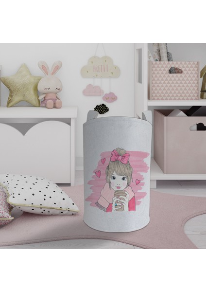 Bebek ve Çocuk Odası Kurdeleli Kız Desenli Oyuncak Sepeti