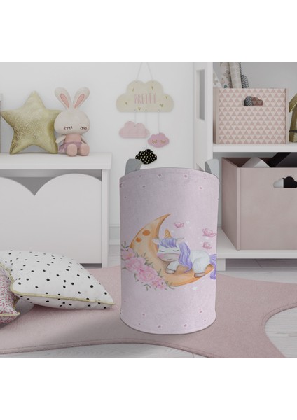 Bebek ve Çocuk Odası Aya Sarılan Unicorn Desenli Pembe Oyuncak Sepeti