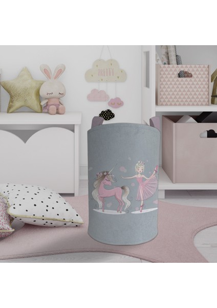 Bebek ve Çocuk Odası Pembe Unicorn ve Kız Desenli Oyuncak Sepeti