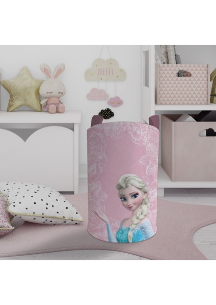 Bebek ve Çocuk Odası Motifli Elsa Desenli Pembe Oyuncak Sepeti