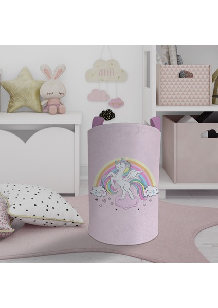 Bebek ve Çocuk Odası Gökuşağı ve Unicorn Desenli Pembe Oyuncak Sepeti