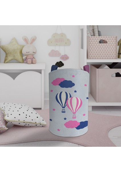 Bebek ve Çocuk Odası Pembe Mavi Uçan Balon Desenli Oyuncak Sepeti