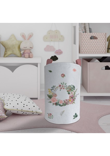 Bebek ve Çocuk Odası Çiçekli Çelenk Desenli Oyuncak Sepeti