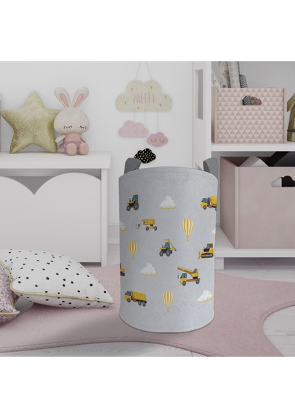 Bebek ve Çocuk Odası Iş Makinalı Gri Yol Desenli Oyuncak Sepeti