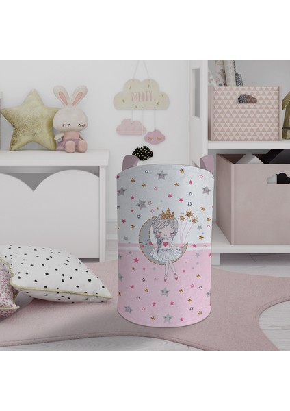 Bebek ve Çocuk Odası Ayda Oturan Prenses Kız Desenli Pembe Oyuncak Sepeti