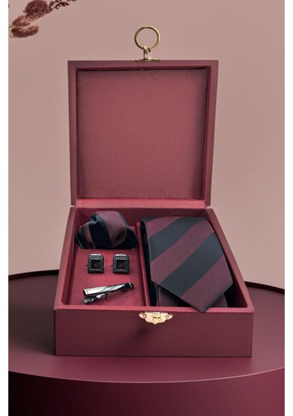 Bordo Erkek Hediye Kutusu - Kravat Kol Düğmesi Kravat Iğnesi KMK16