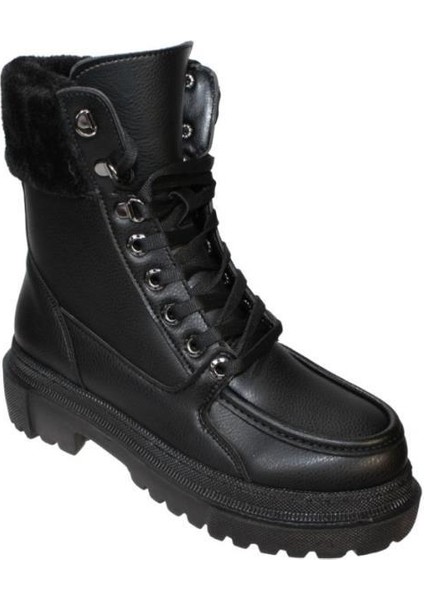 Yazkış Kadın Siyah Kürklü Bağcıklı Kalın Taban Postal