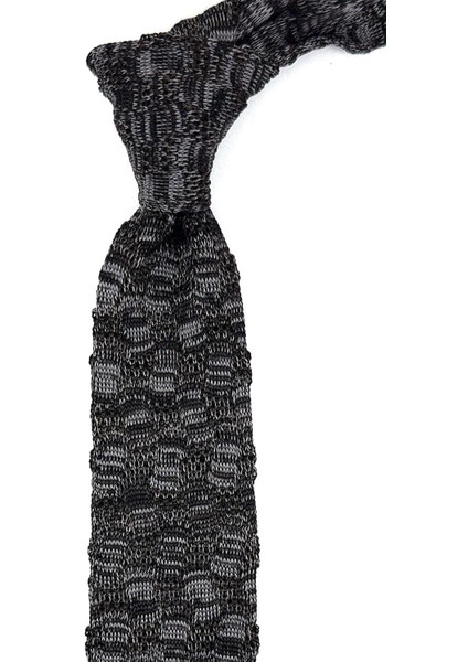 Füme - Gri Motif Desen Örgü Kravat ÖR8362
