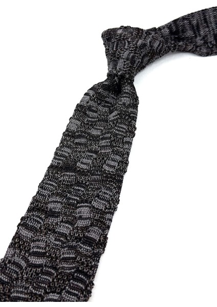 Füme - Gri Motif Desen Örgü Kravat ÖR8362