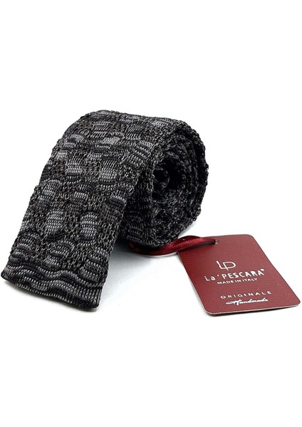 Füme - Gri Motif Desen Örgü Kravat ÖR8362