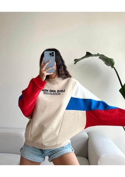 Hebb Club Kadın Love And Hope Yazılı Baskılı Renkli Oversize Sweatshirt