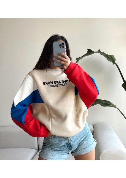 Hebb Club Kadın Love And Hope Yazılı Baskılı Renkli Oversize Sweatshirt