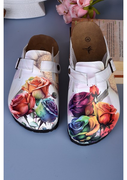 8036 Renkli Gül Desenli Baskılı Sabo Terlik modelleri