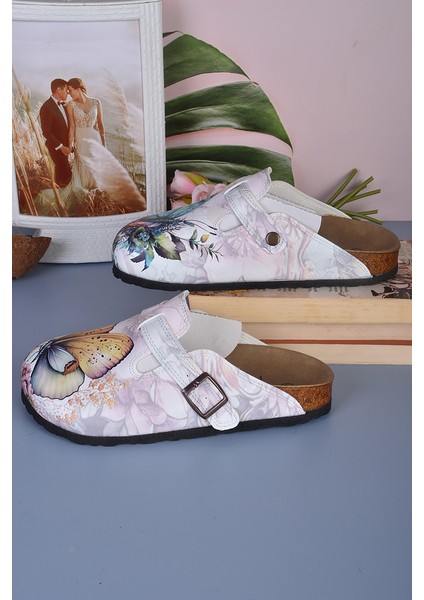 8039 Renkli Kelebek Desenli Baskılı Sabo Terlik