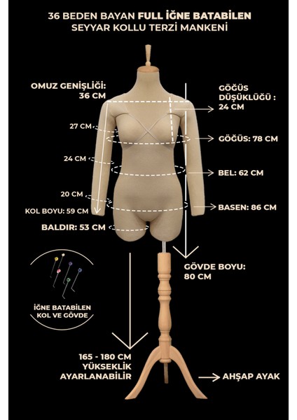 36 Beden Üst ve Alt Grup Full Iğne Batabilen Kollu Pantolon Giyebilen Terzi Mankeni Prova Mankeni