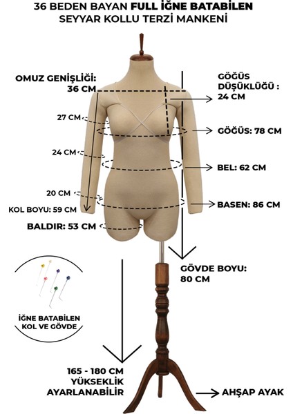 36 Beden Üst ve Alt Grup Full Iğne Batabilen Kollu Pantolon Giyebilen Terzi Mankeni Prova Mankeni fiyatları