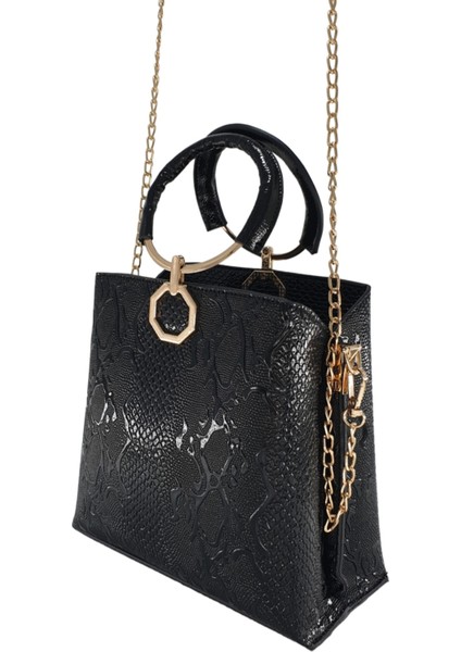 Siyah Yılan Baskılı Halka Kulplu Zincirli El ve Omuz Kadın Çantası