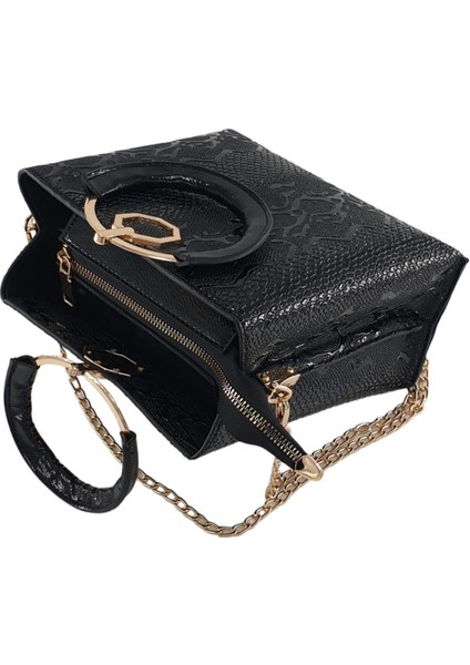 Siyah Yılan Baskılı Halka Kulplu Zincirli El ve Omuz Kadın Çantası fiyatları