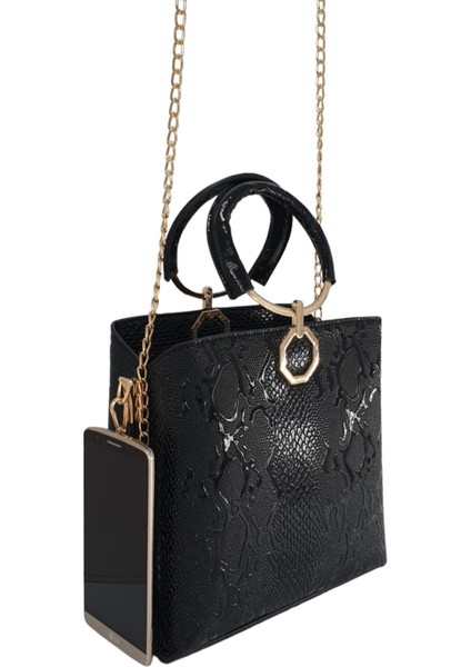 Siyah Yılan Baskılı Halka Kulplu Zincirli El ve Omuz Kadın Çantası modelleri